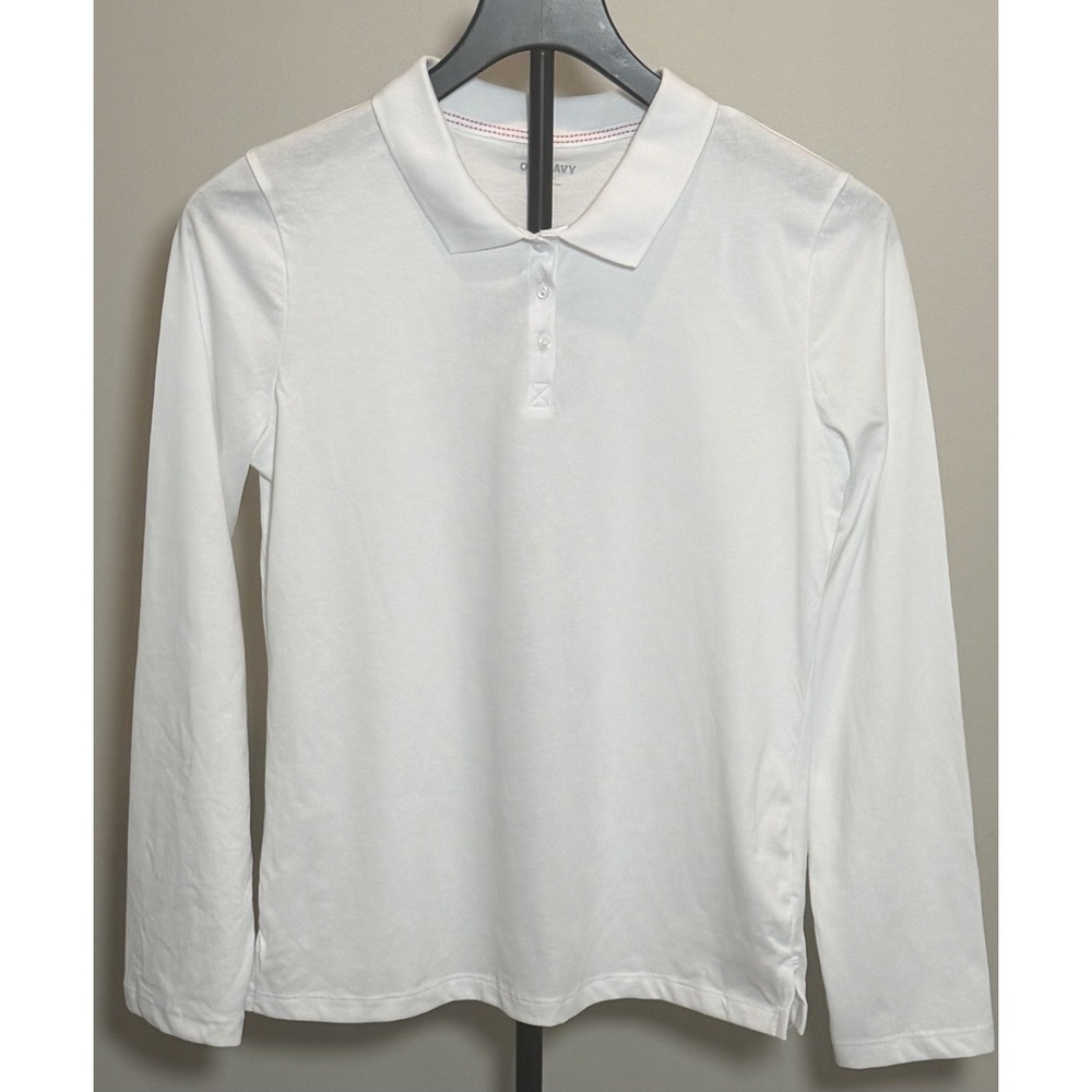 Old Navy Girl's White Polo Shirt 18 LS Solid Cotton Blend Collared Button NWT